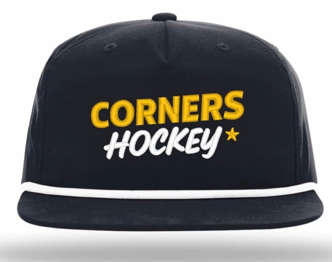 The Corners Hockey rope snapback, gold and white embroidery on black